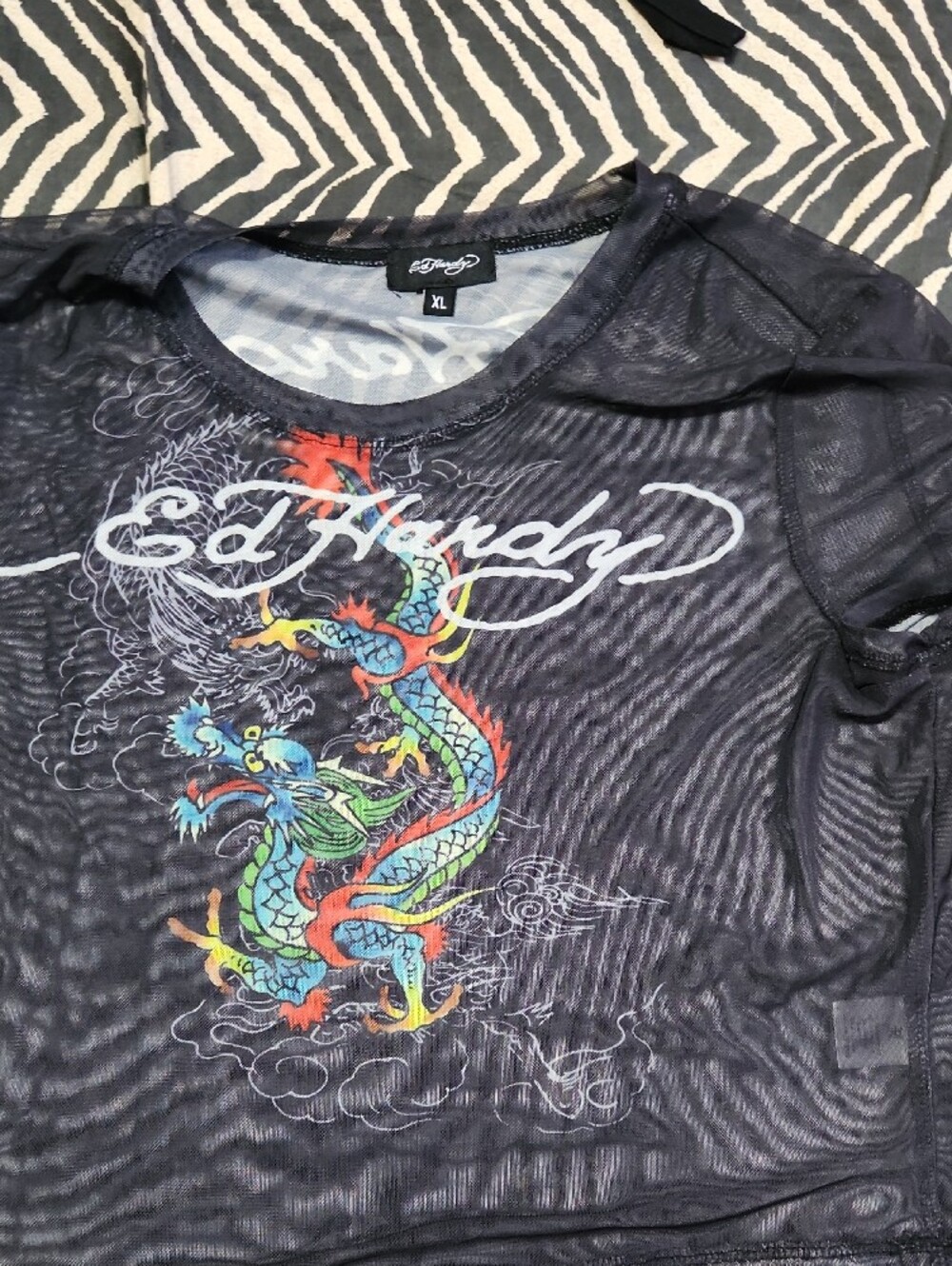 Ed Hardy Black Mesh Short-Sleeve Dragon Crop Top - Picture 5 of 5